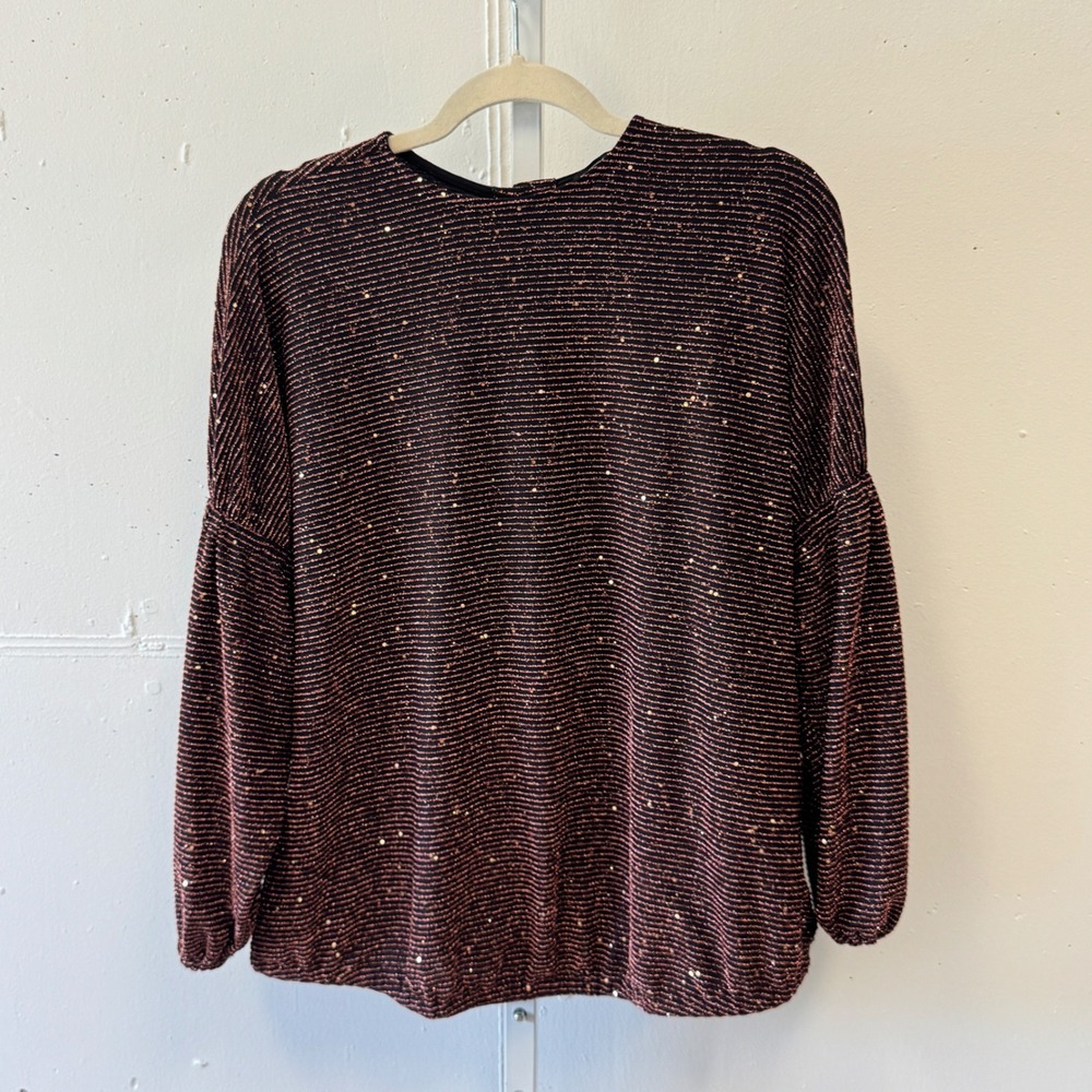 Porter Grey Metallic Striped Sequin Blouse Rose Gold Black Balloon Sleeve Sz Med